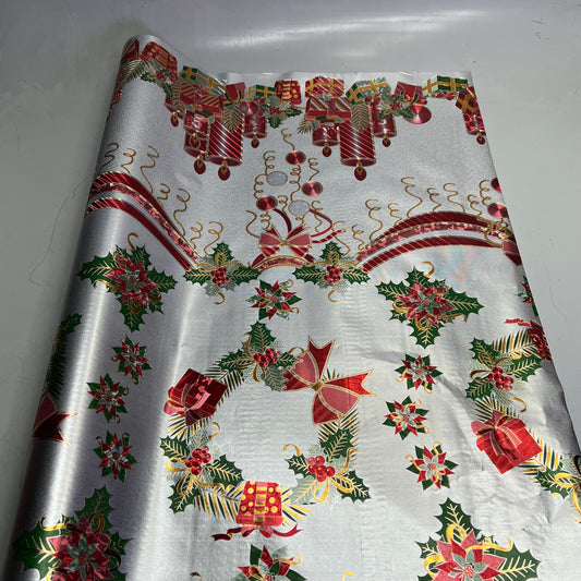 Christmas Shimmery Poinsettia & Presents Table Cloth 54"x60' Silver/Red CC-8364