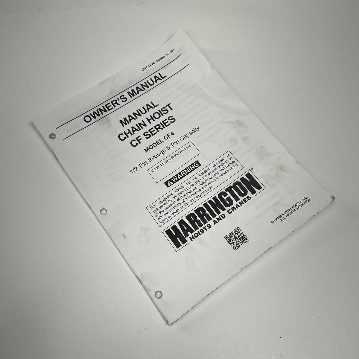 HARRINGTON HOISTS & CRANES Manual Hand Chain Hoist 20' 1-1/2 Ton Cap CF4 (Used)