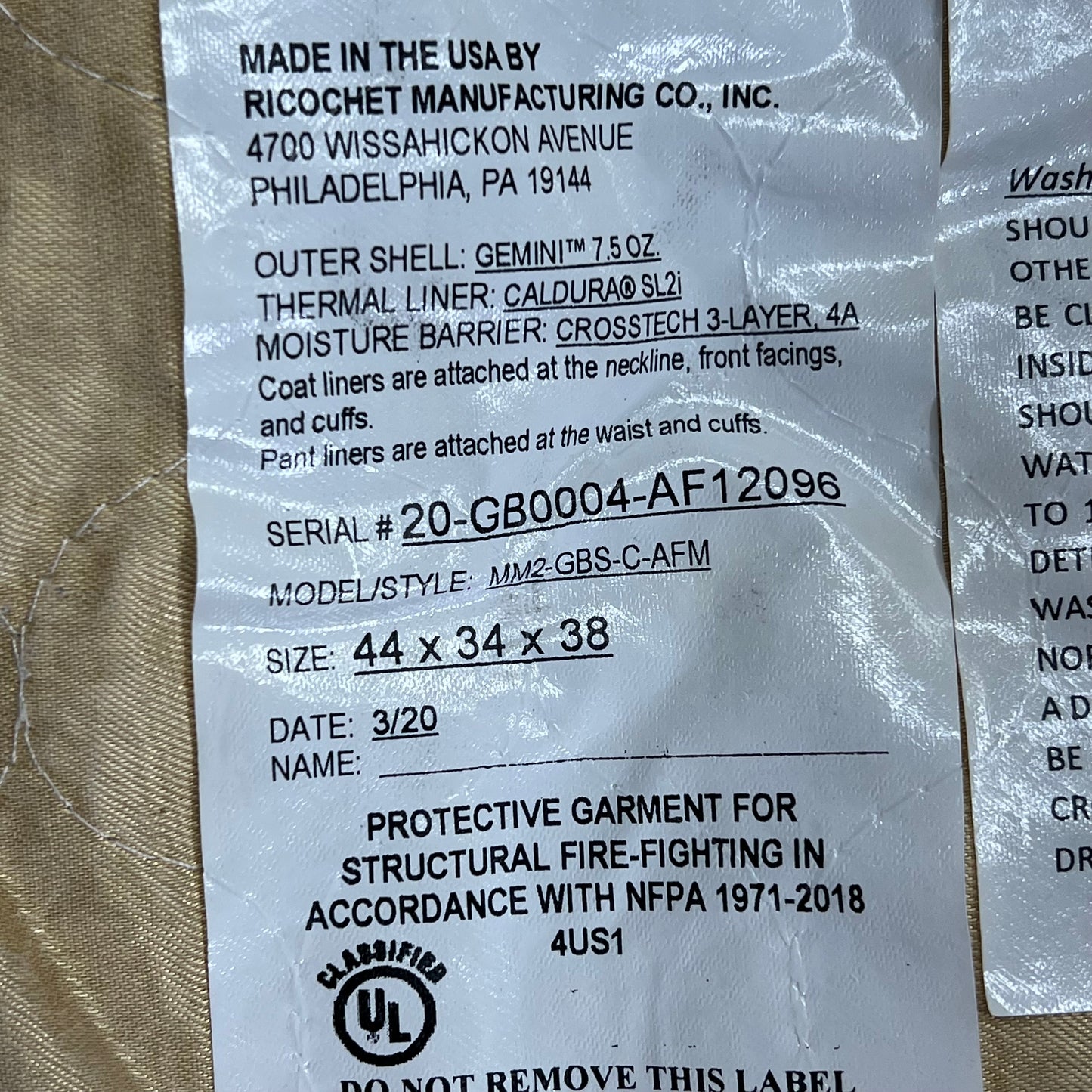 RICOCHET M2 Usaf Coat 44 X 34 X 38 Tan/Reflective MM2-GBS-C-AFM (Pre-Owned)