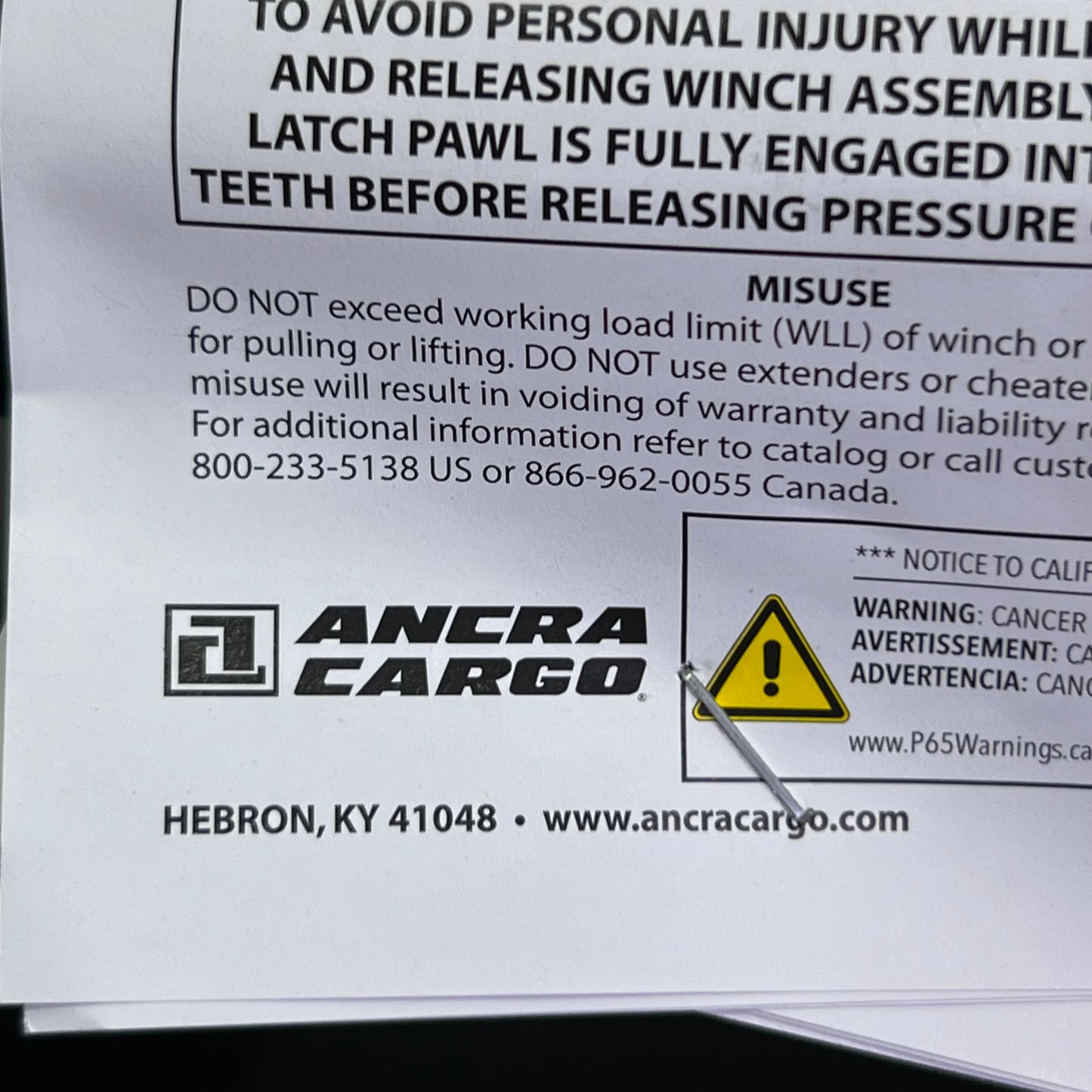 ANCRA CARGO Slider Winch Assy, Black 43565-127