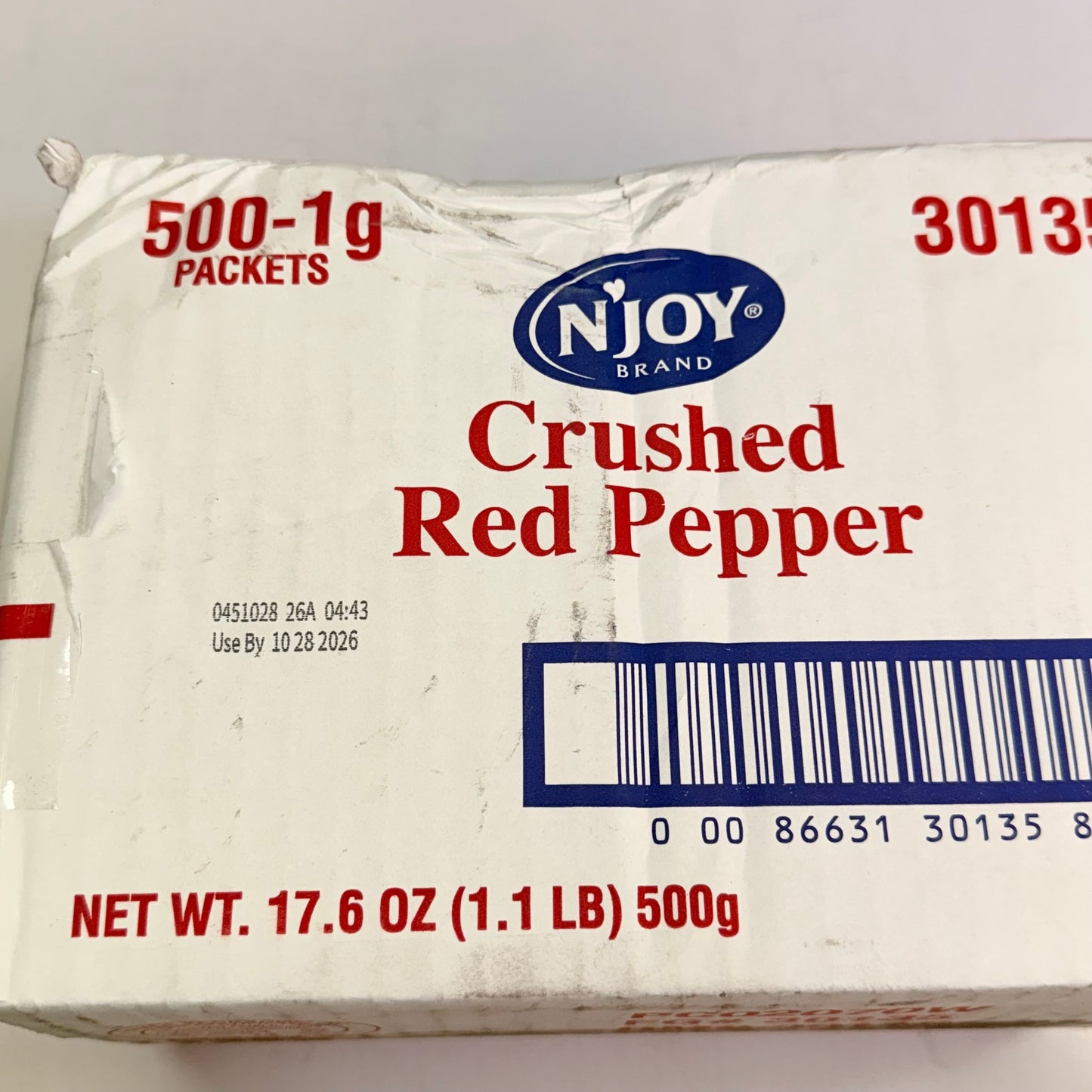 N'JOY (500 PACK) Crushed Red Pepper 1g BB 10/26 (New - Damaged Box - Opened)