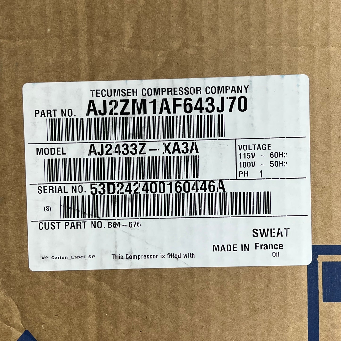 TECUMSEH Hermetic Refrigeration Compressor 3/4 HP Black AJ2ZM1AF643J70