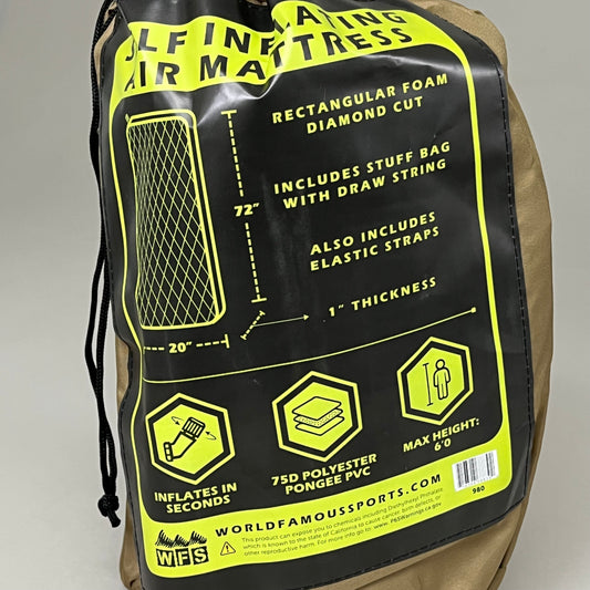 WORLD FAMOUS SPORTS Self Inflating 1" Air Pad w/ Stuff Sack 72"x20"x1" Tan 980