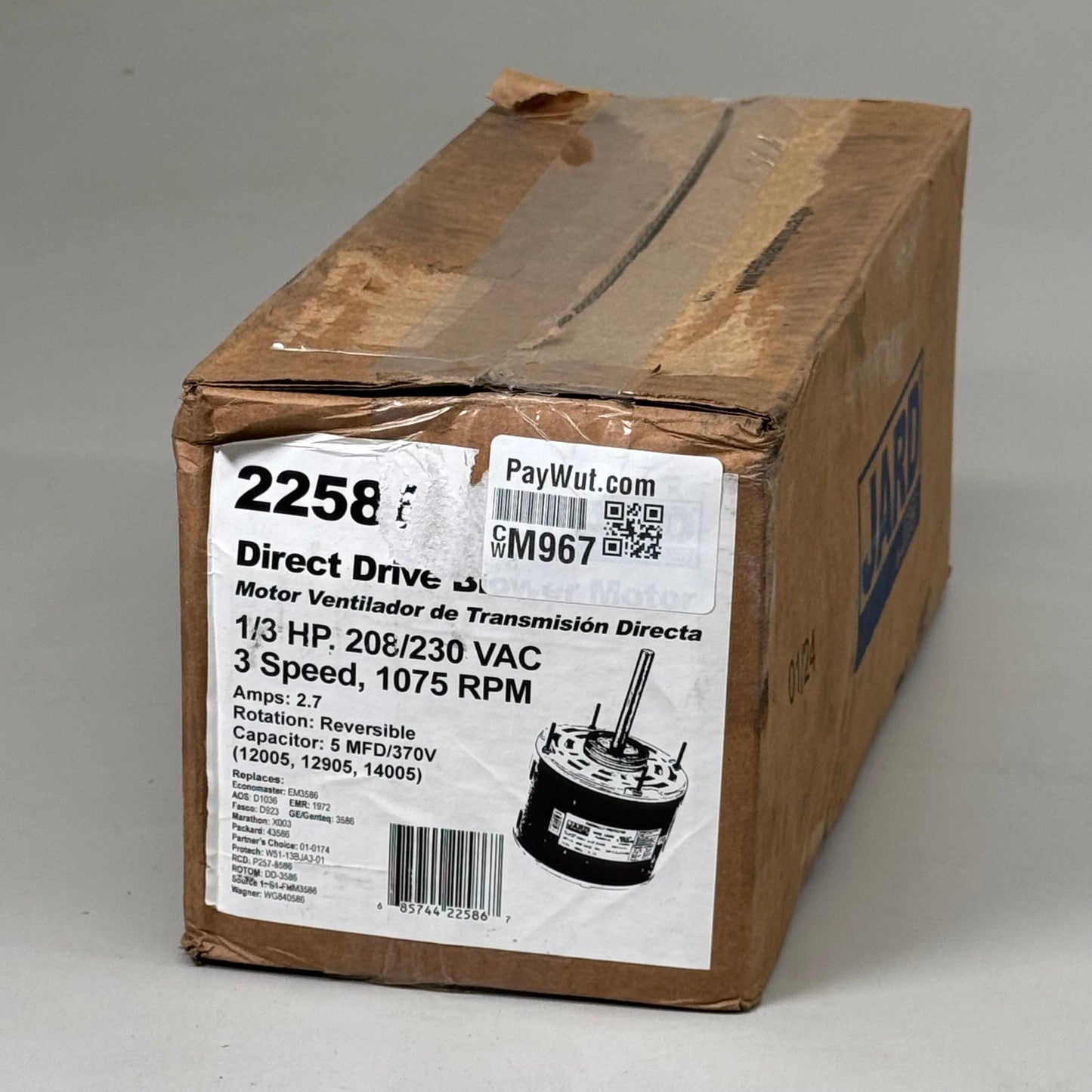 JARD Direct Drive Blower Motor 3 speed 1075 RPM 22586