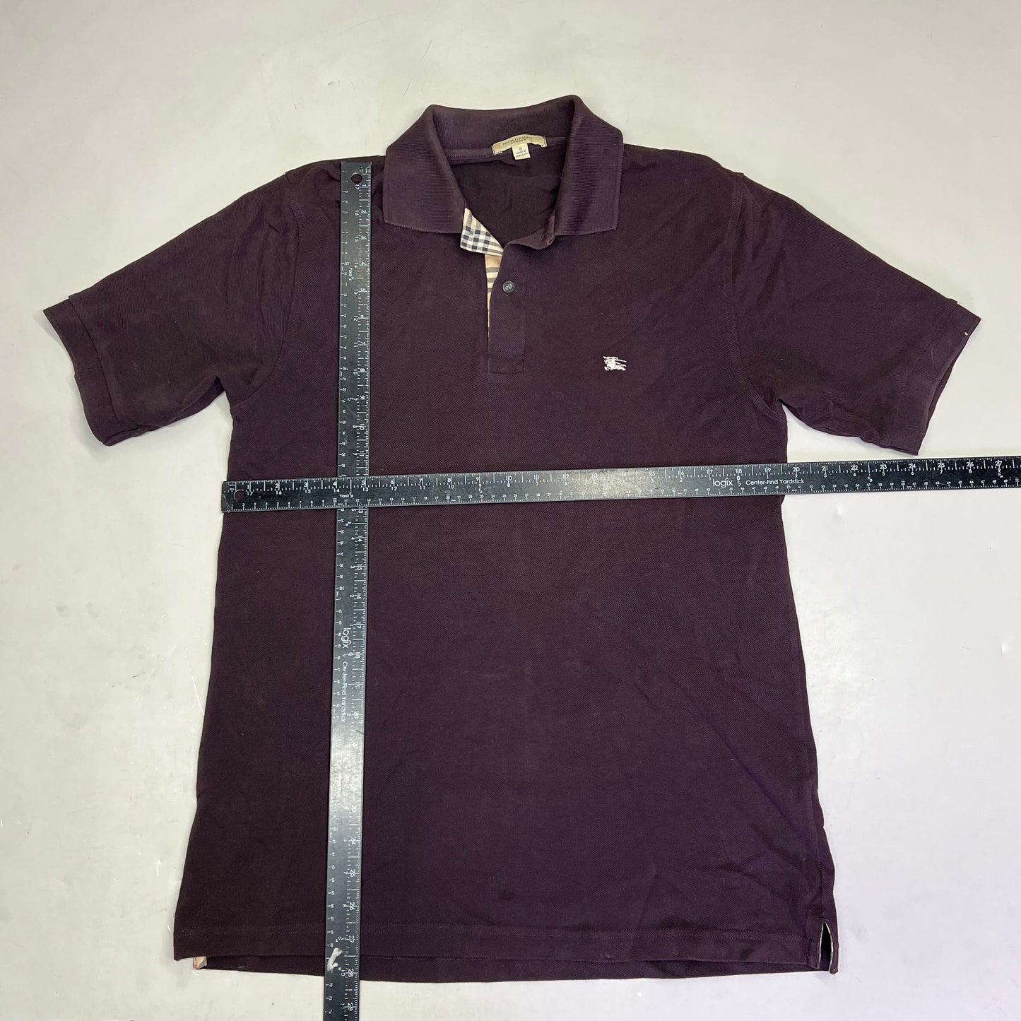 BURBERRY Rib Knit Cotton Polo Shirt w/ Signature Plaid Mens Sz S Brown (Used)