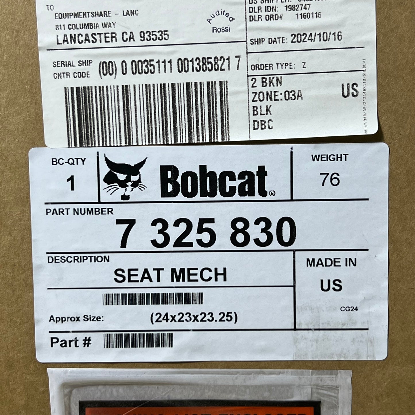 BOBCAT Vinyl Operator Seat for Loaders Sz 24" H x 19" W x 18" L Black 7325830