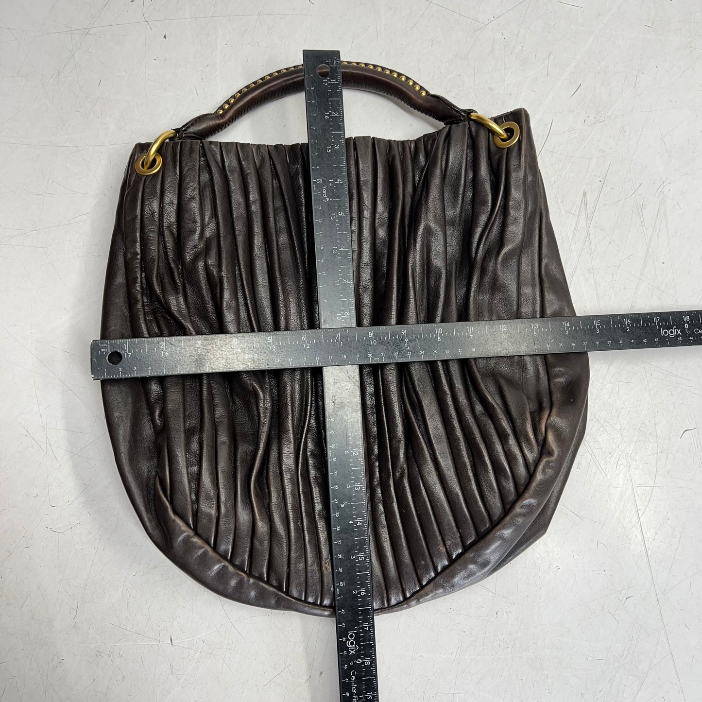 MIU MIU Bosco Leather Pilsse Tote Gold Studded Handle 14"x14" Brown (Pre-Owned)