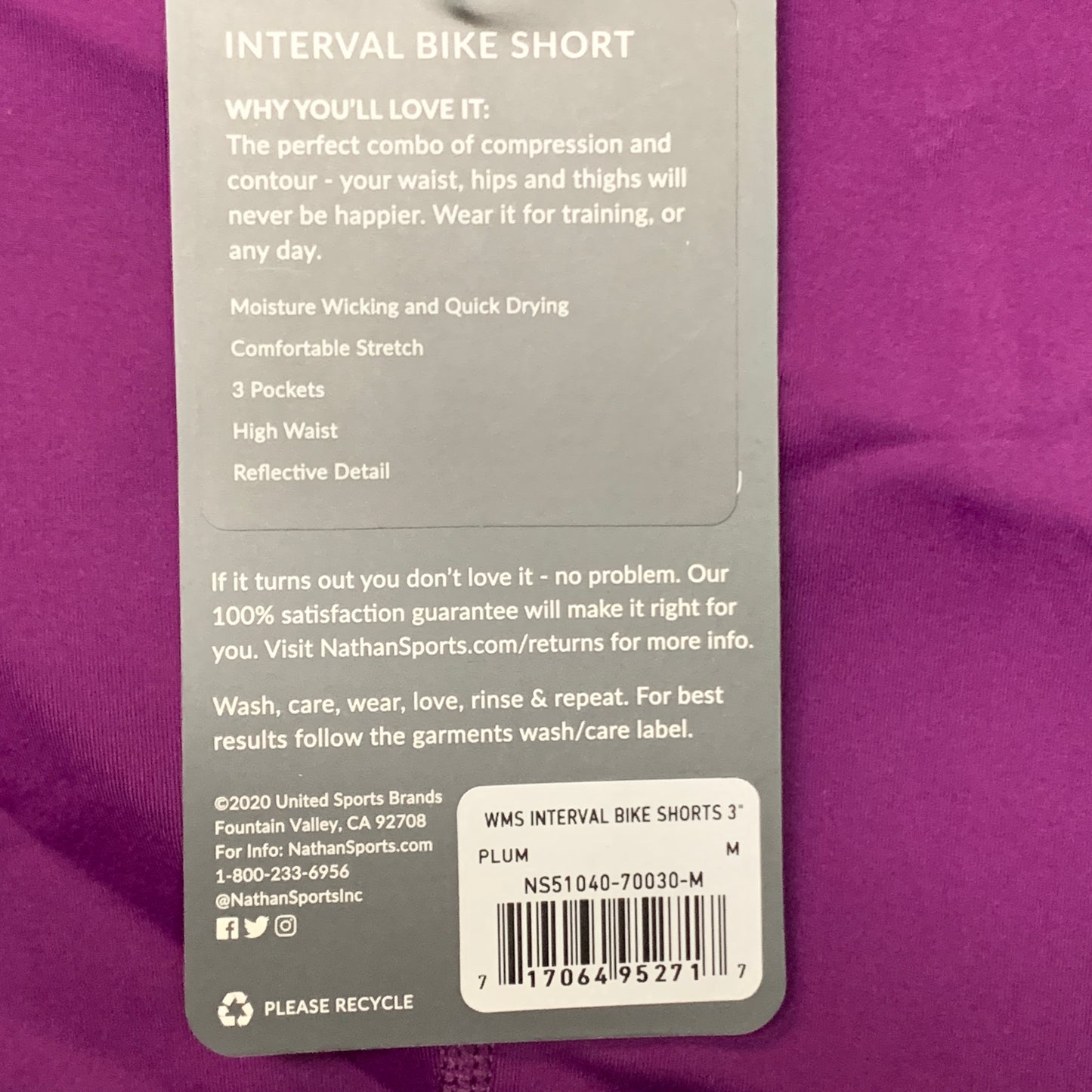 NATHAN Interval 3" Inseam Bike Short Women's Plum Size M NS51040-70030-M