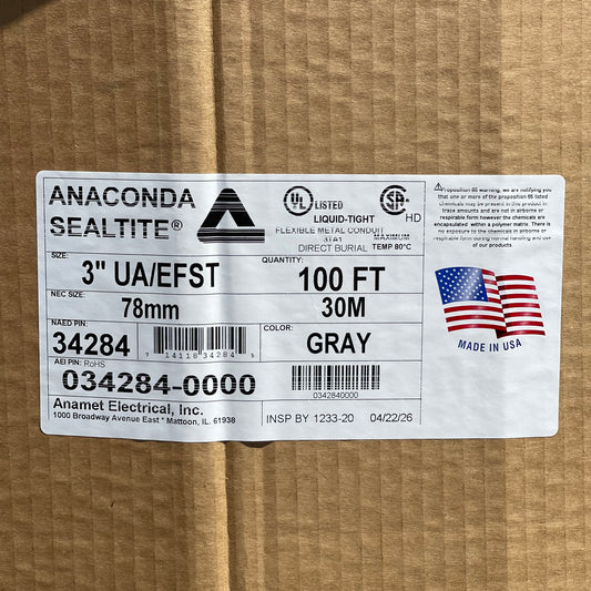 Z@ ANACONDA Sealtite Flexible Conduit 3” UA/EFST 100 ft Gray MADE IN USA(New)