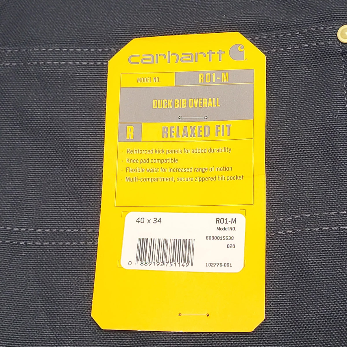 CARHARTT Iconic R01 Duck Rib Overall Wind Fighter Relaxed Fit 40x34 Black 102776-001