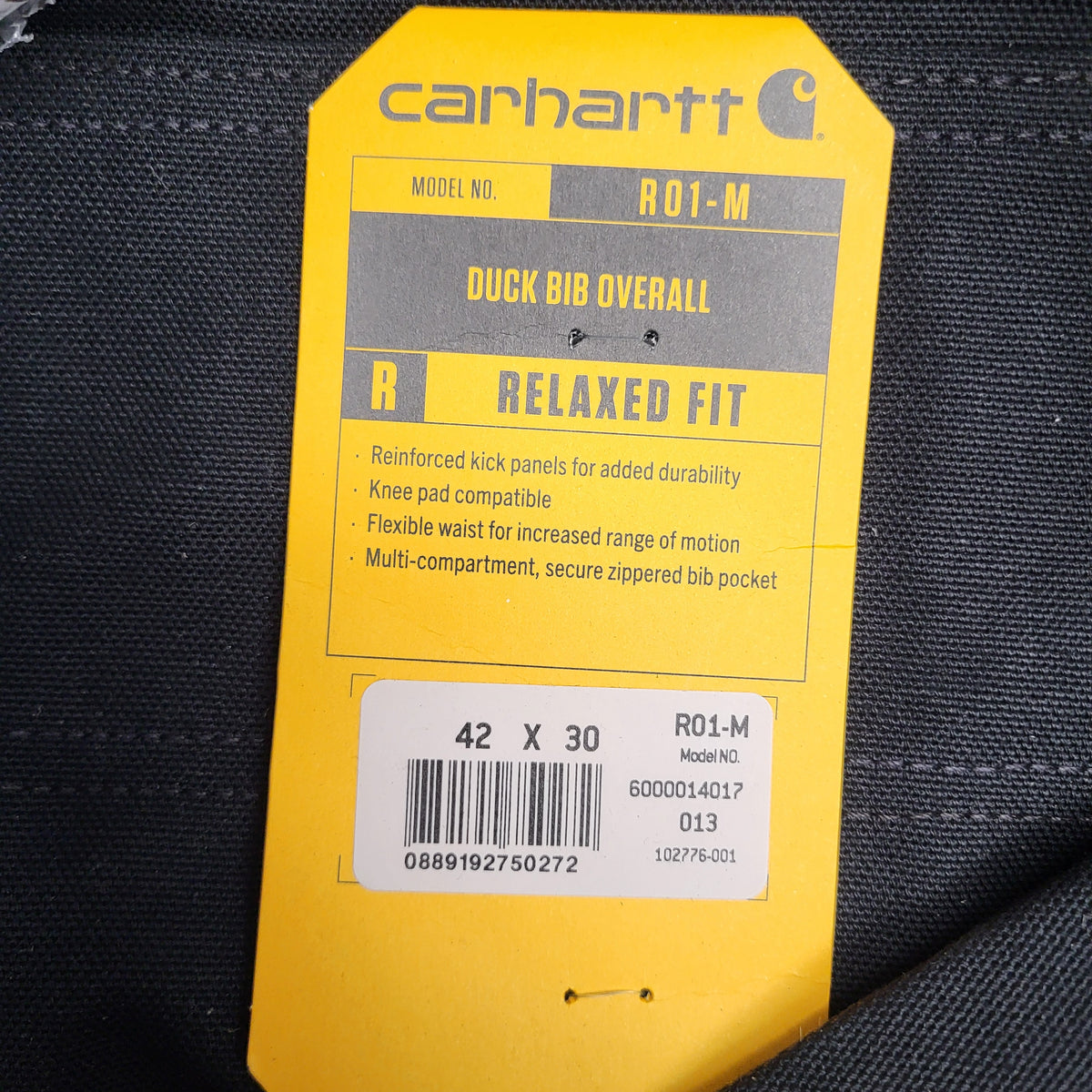 CARHARTT Iconic R01 Duck Rib Overall Wind Fighter Relaxed Fit 42X30 Black 102776-001