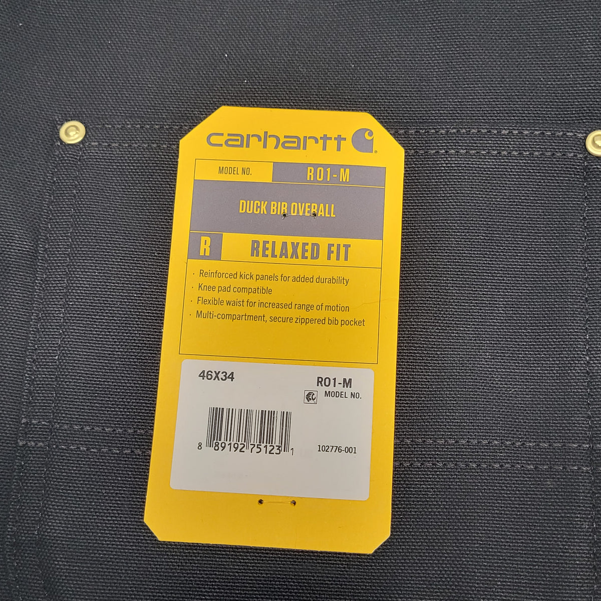 CARHARTT Iconic R01 Duck Rib Overall Wind Fighter Relaxed Fit 46X34 Black 102776-001