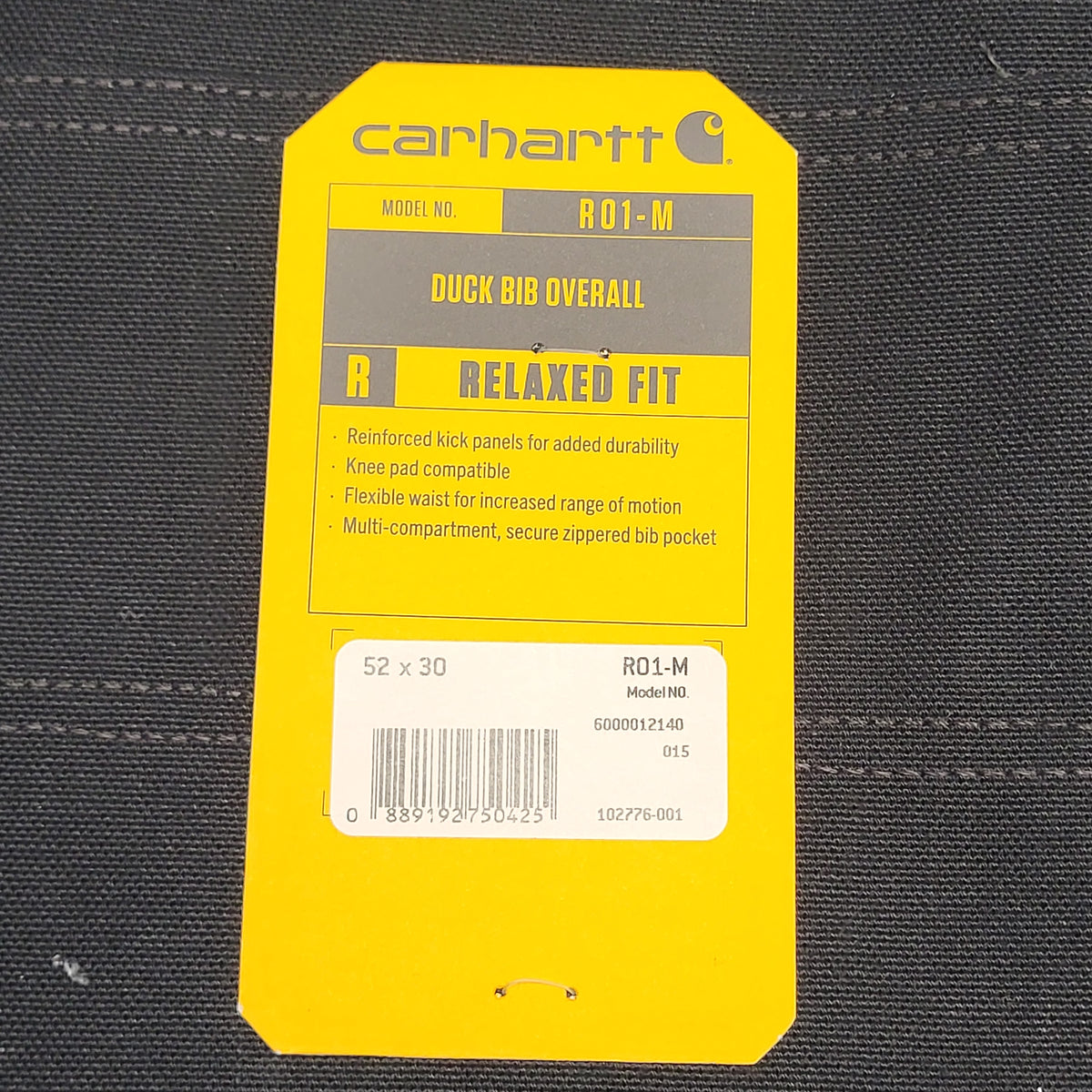 CARHARTT Iconic R01 Duck Rib Overall Wind Fighter Relaxed Fit 52x30 Black 102776-001
