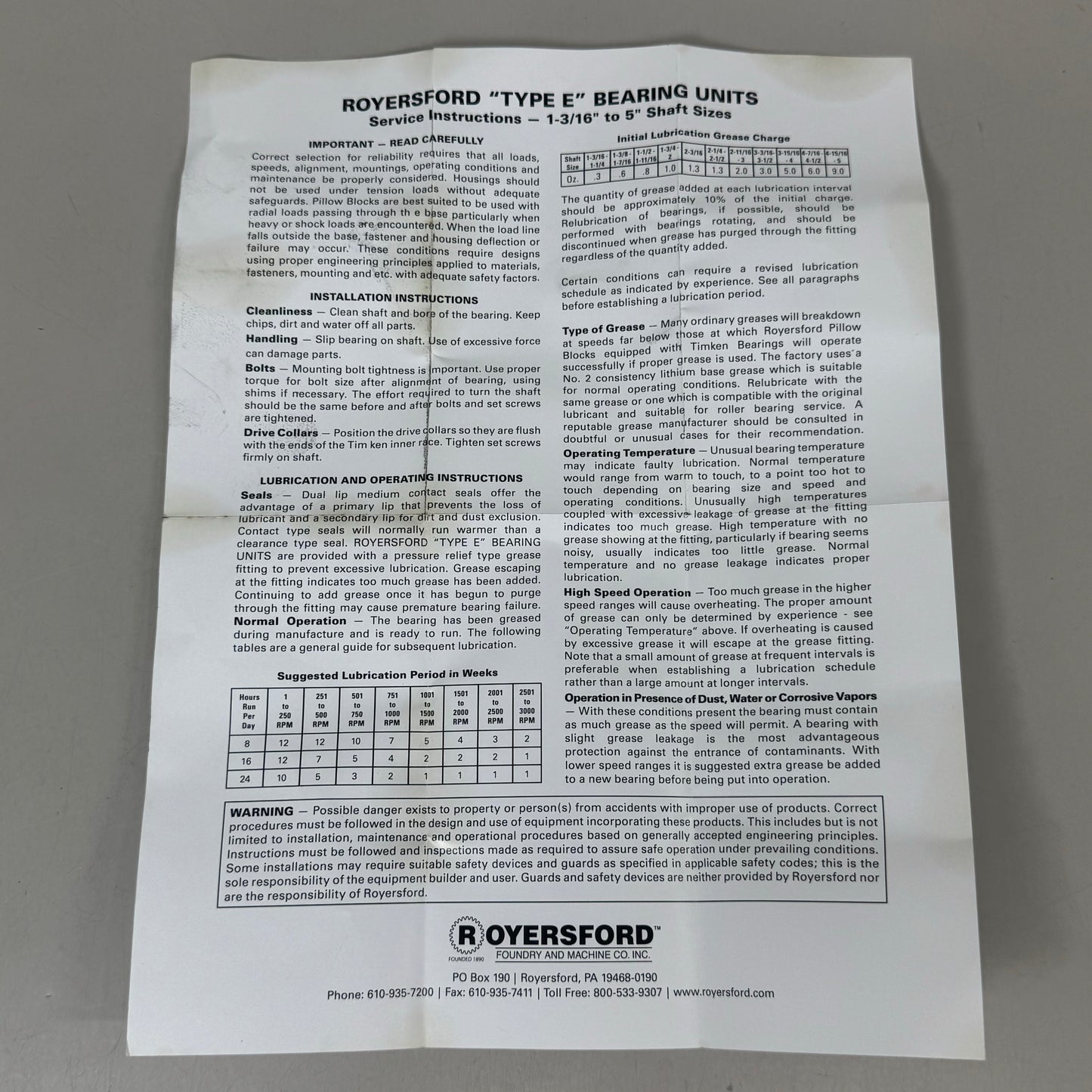 ROYERSFORD TypeE 4-Bolt Square Flange Bearing Timken Tapered Roller 3"20-05-0300