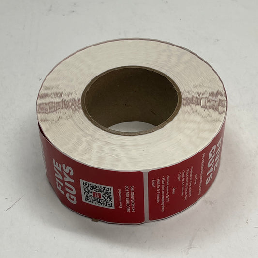 ZA@ FIVE GUYS (12 PACK) Roll of Fry Reheating Instructions Stickers for to Go Bags Red