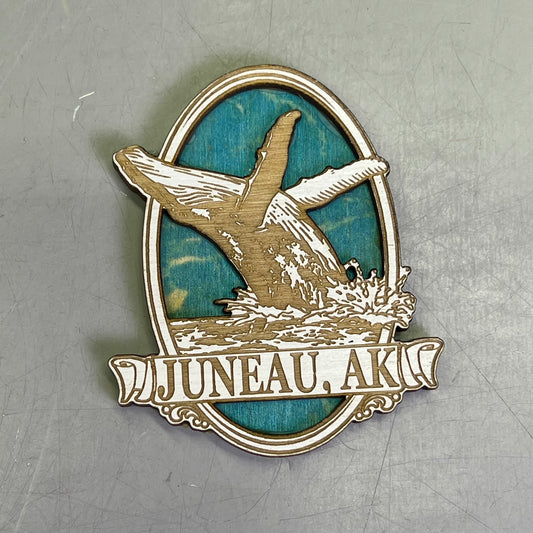 Z@ (2 PACK) Blue Whale Jump Laser Cut Wood Magnet Souvenir JUNEAU, AK Made In USA