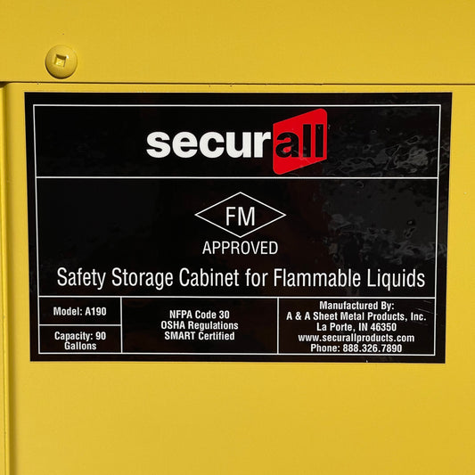 Z@ SECURALL Flammable Safety Storage Cabinet 90 Gal, 69” x 43” x 31” Yellow A190-C