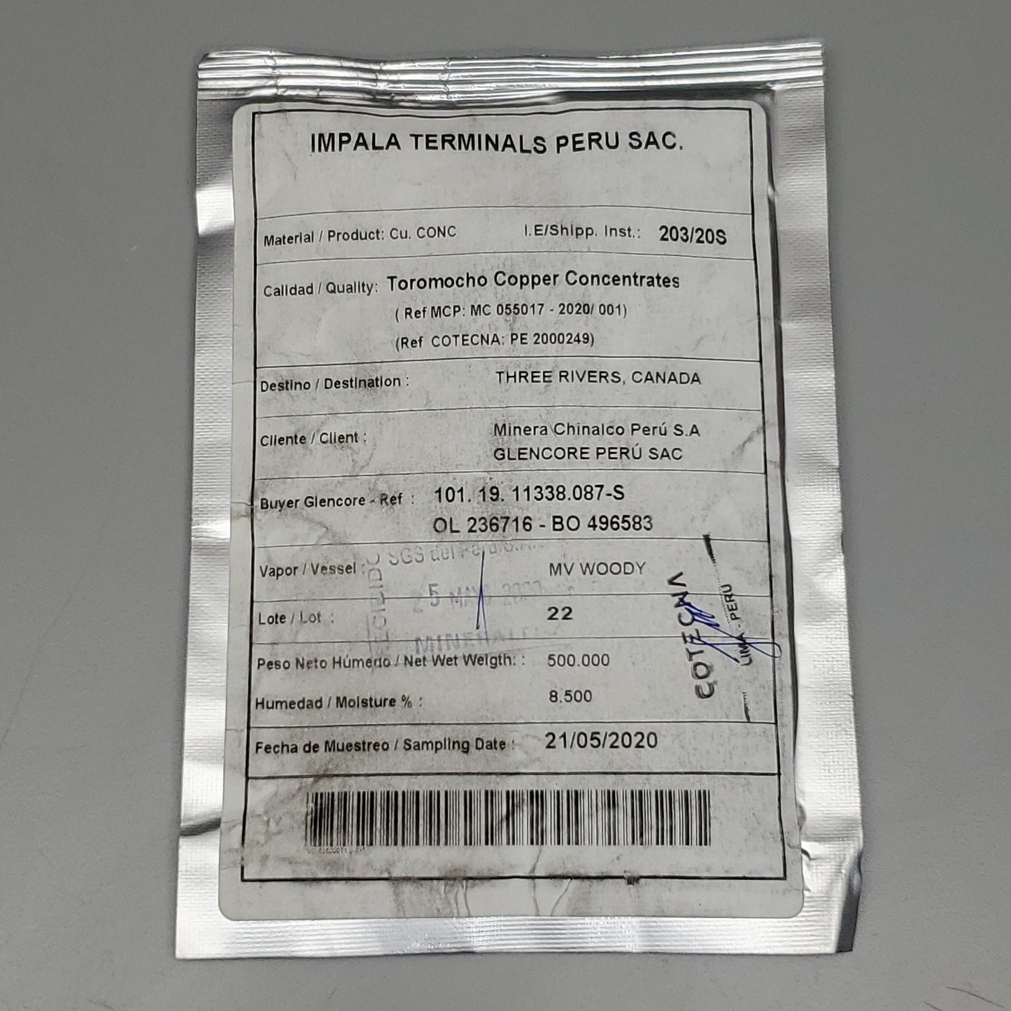 ZA@ IMPALA TERMINALS PERU SAC Toromocho Copper Concentrates 7.8 lbs