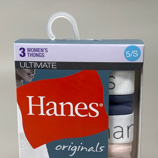 HANES 3 PACK!! Originals Women's Breathable Cotton Stretch Thongs Underwear Sz 5/S Blue/Buff/Pink 45OUBT