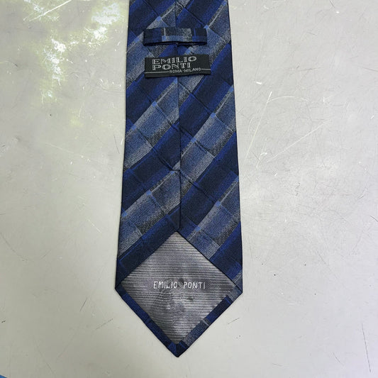 EMILIO PONTI Hand Made 100% Silk Suit Tie Ombre Plaid 60" Blue/White (Pre-Owned)