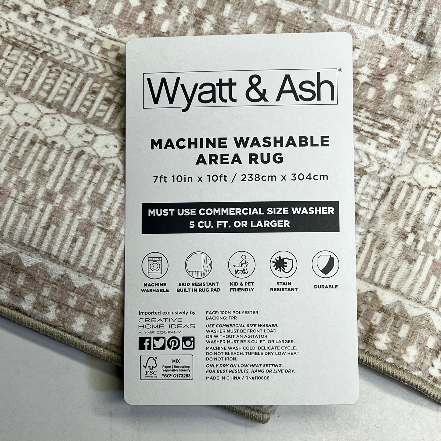 ZA@ WYATT & ASH Low Pile Soft Washable Rug 7'10 x 10' Oakley Taupe CWA000069