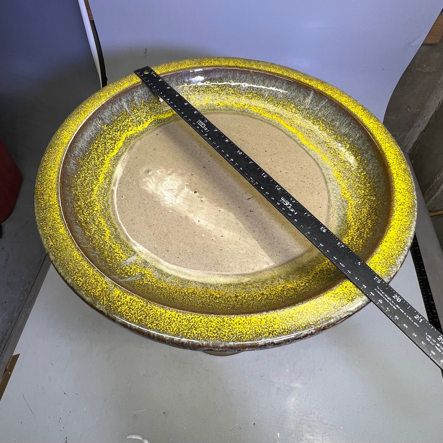 ZA@ Glazed Pottery 2 Piece Swirl Stand Bird Bath 22" L x 20" Dia Bright Yellow/Taupe