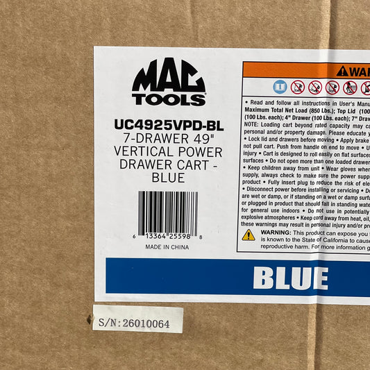 MAC TOOLS Vertical Power 7 Drawer Drop Top Cart 49” Blue UC4925VPD-BL