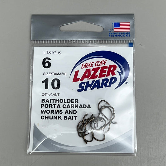 EAGLE CLAW (5 PACK) Lazer Sharp Down eye Baitholder Hook Bronze #6 10pc L181G-6