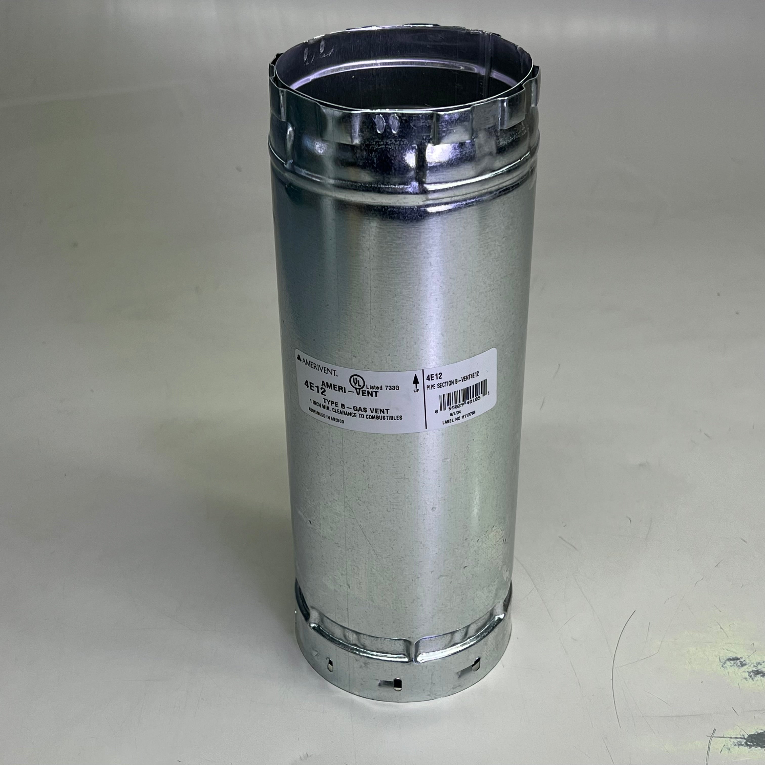 AMERIVENT Corrosion Resistant Type B Gas Vent Pipe Section 4" x 12" Ch