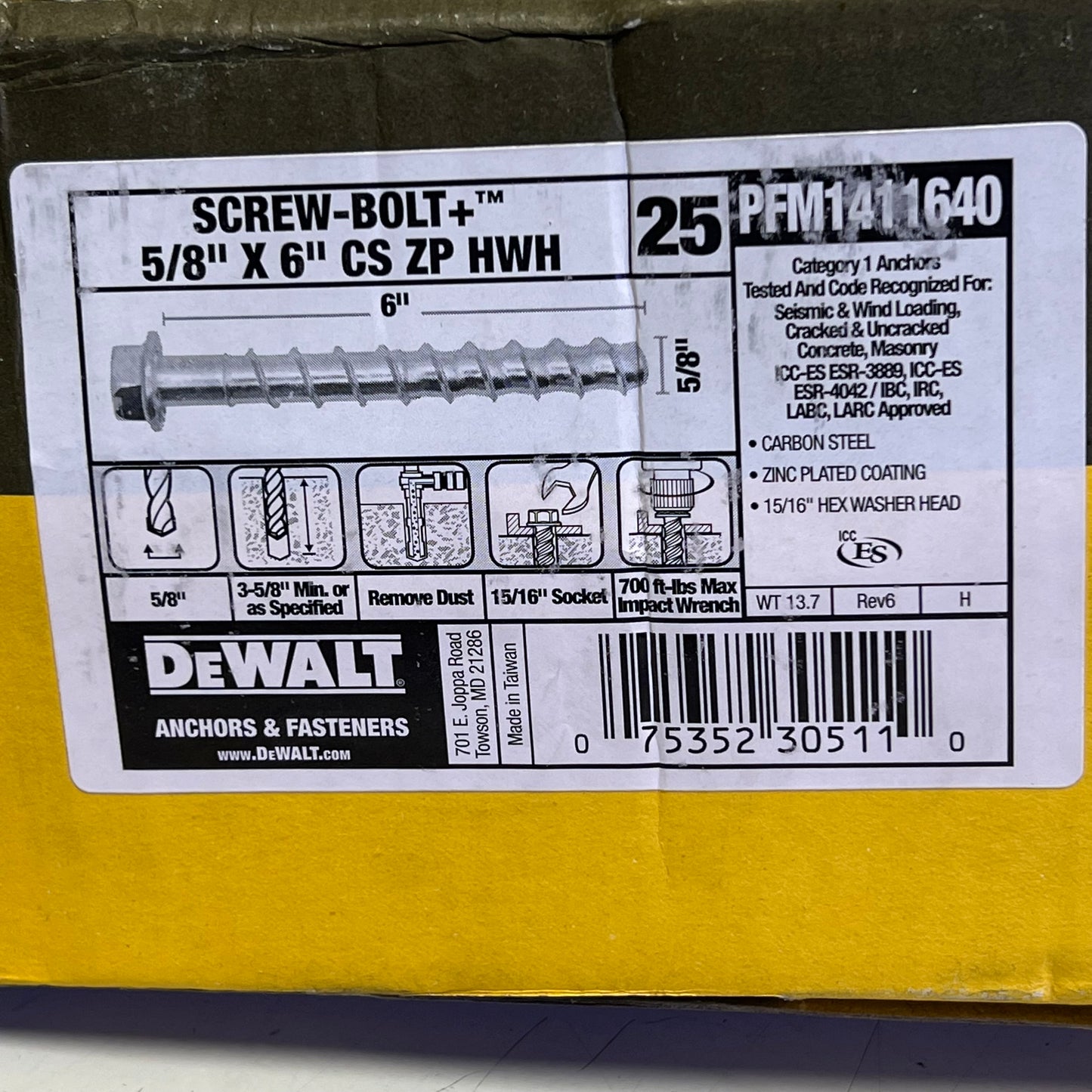 DEWALT (25 PACK) Hex Head Screwbolt Screw Anchor 5/8" x 6" Chrome PFM1411640