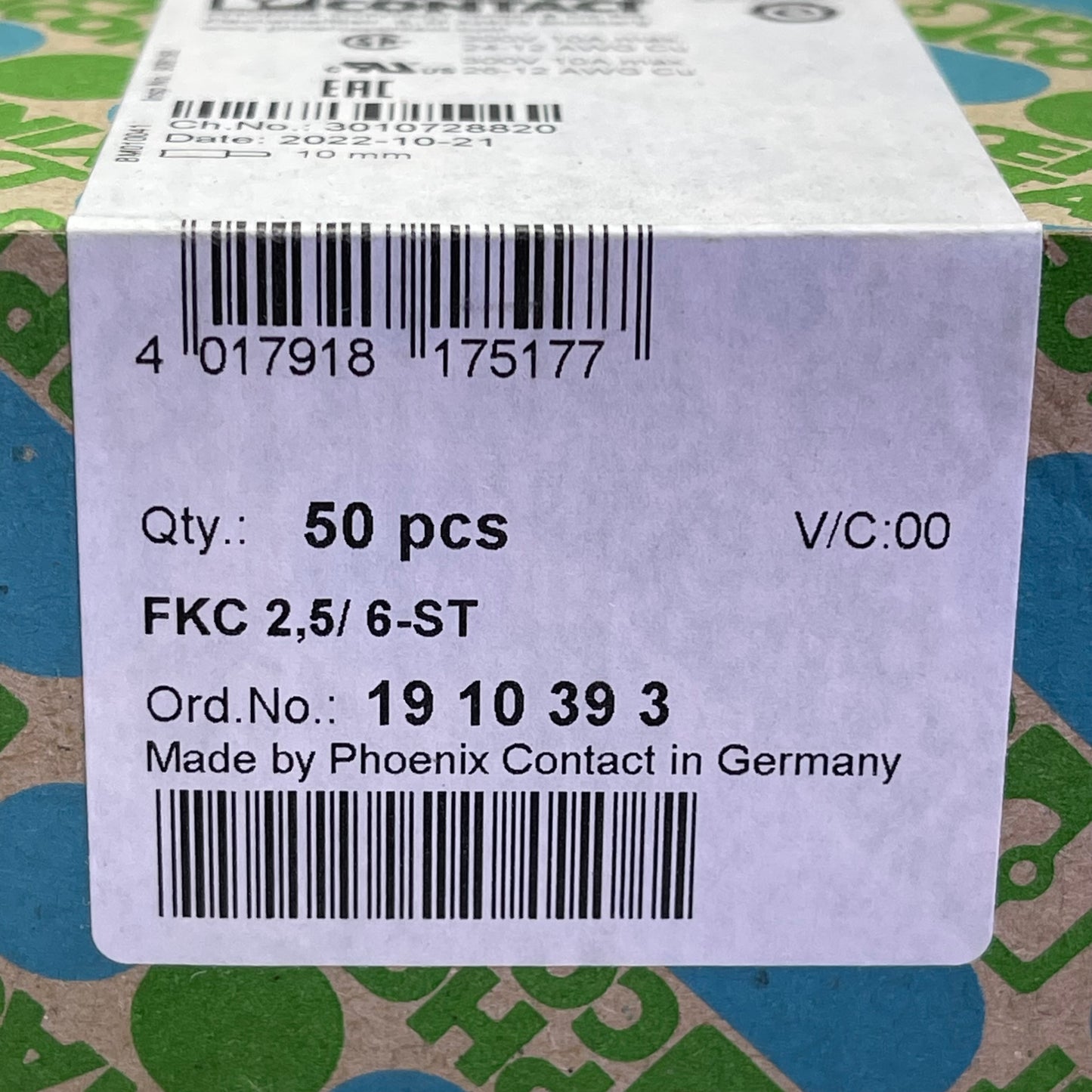 PHOENIX CONTACT (50 PACK) FKC 2,5/6-ST Pluggable Terminal Block Green 1910393