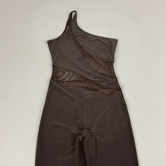 NORMA KAMALI One Shoulder Snake Mesh Catsuit Footsie Women's Sz XXS/32 Chocolate