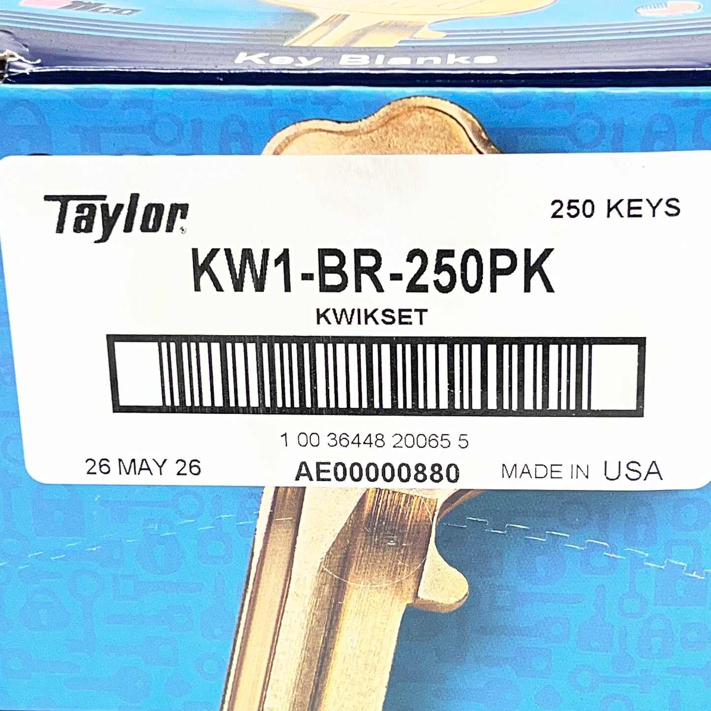 TAYLOR (250 PACK) Bin Pack Key Blanks Brass Finish KW1-BR-250PK