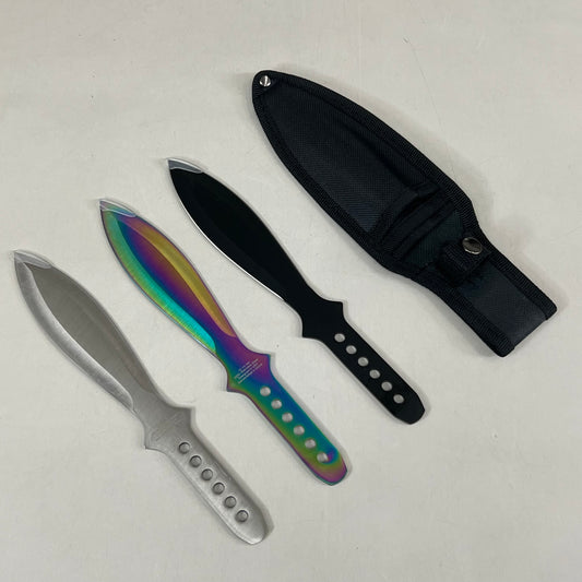 3 Piece Throwing Knife Set W/Sheath 9" Rainbow, Black, Silver Blades TK-114-3MX