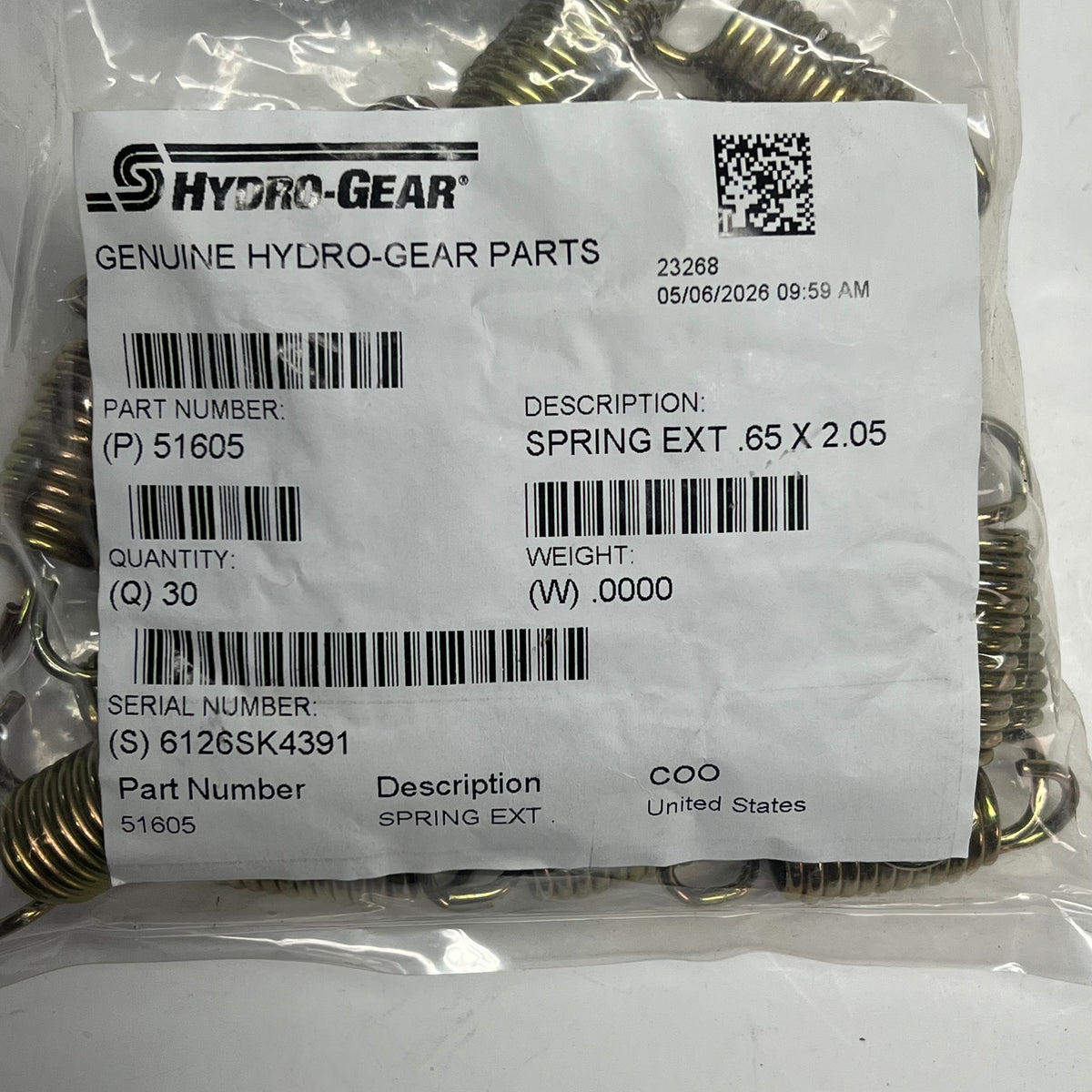 HYRDO-GEAR (5 PACK) Genuine Oem Extension Return Spring 0.65 X 2.05 Gold/Bronze 51605