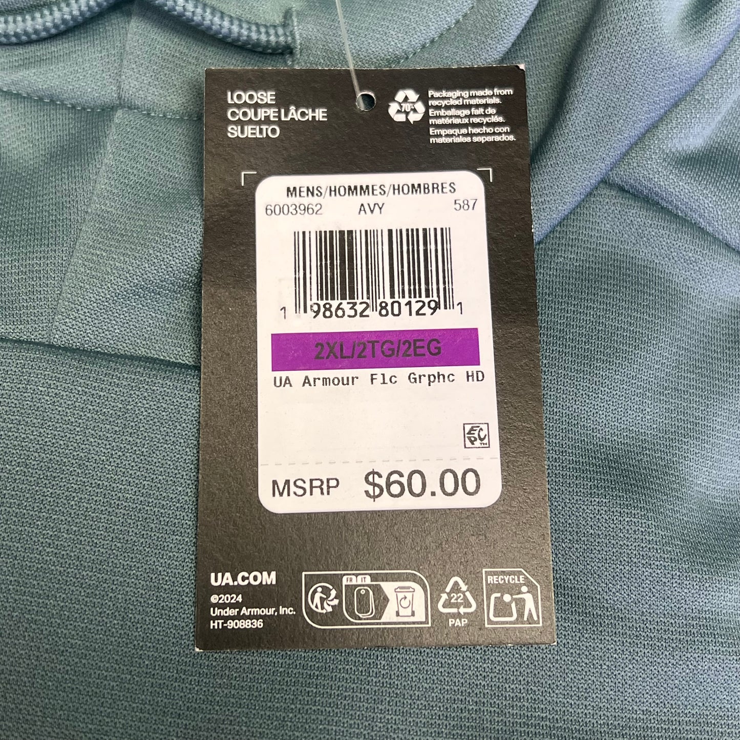 UNDER ARMOUR Breathable Fleece Graphic Hoodie Men's Sz 2XL Jasper Blue 6003962