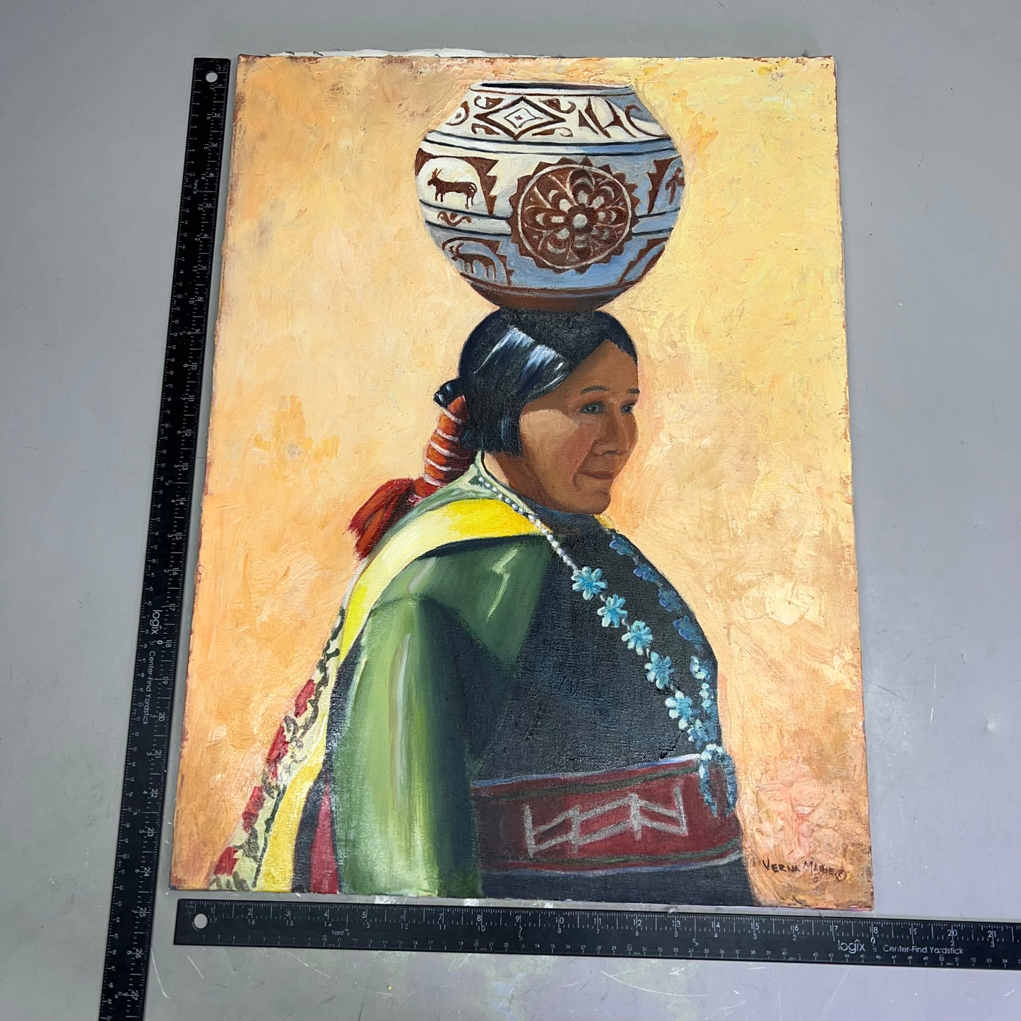 VERNA MARIE (CAMPBELL) Native W/ Head Pot Oil Painting On Canvas 24"x18" (As-is)