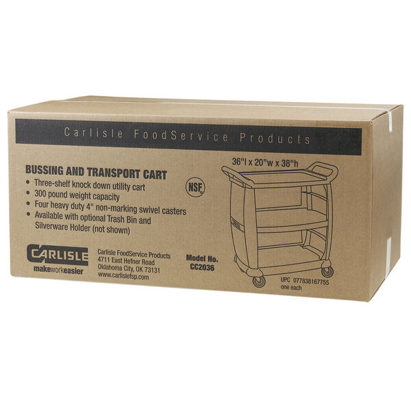 CARLISLE Polymer 3 Shelf Utility / Bus Cart 300 lb Capacity Black CC203603