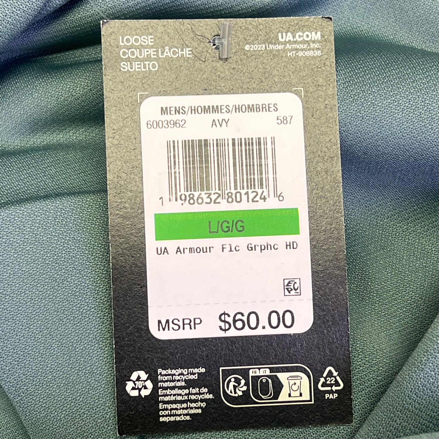 UNDER ARMOUR Breathable Fleece Graphic Hoodie Men's Sz L Jasper Blue 6003962