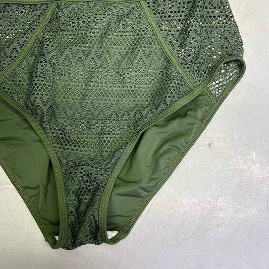 CHARMO Solid Cross Plunge Crochet One Piece Swimsuit Women's Sz M Olive Green