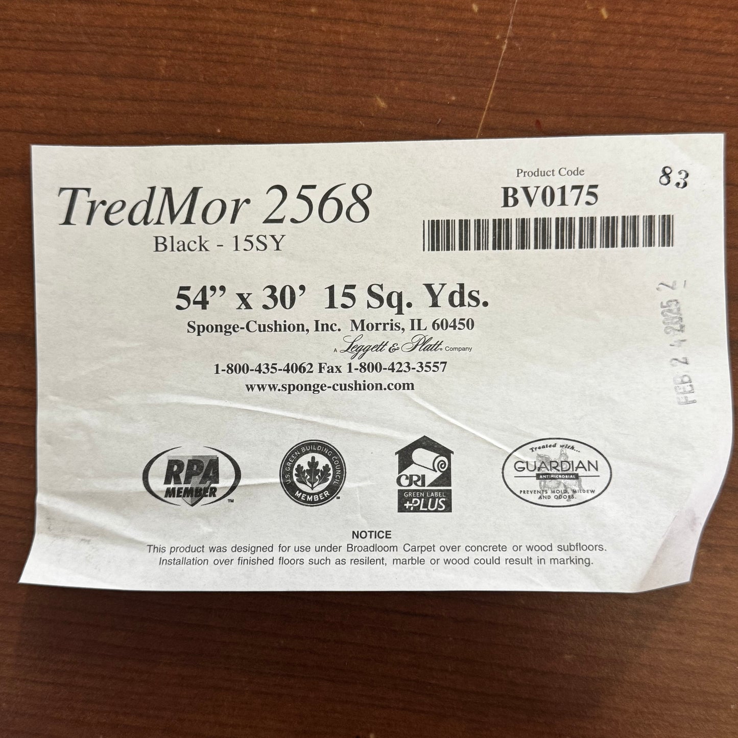 TRED-MOR Commercial Cushion Roll For Double-stick Carpet Installations 2568 Sz 54" x 30' Black