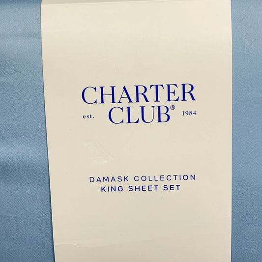 CHARTER CLUB 100% Cotton Damask Collection Sheet Set King Light Blue (New Other)