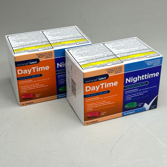 EXCHANGE SELECT (2 Pack, 32 Day Caps, 16 Night Caps) Day/Night Time Cold/Flu Relief Soft Gel Capsules