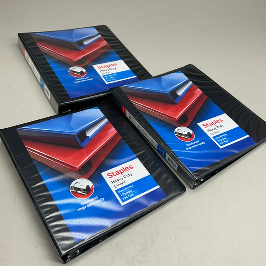 STAPLES (3 Pack) Heavy Duty 3-Ring Binder W/ 4 Pockets 11"x10.5"x1" Black ST56231B