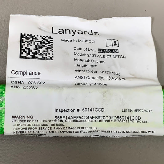 HONEYWELL Steel Positioning Lanyard & Shock Absorber Green 3ft 213TWLS-Z7/3FTGN