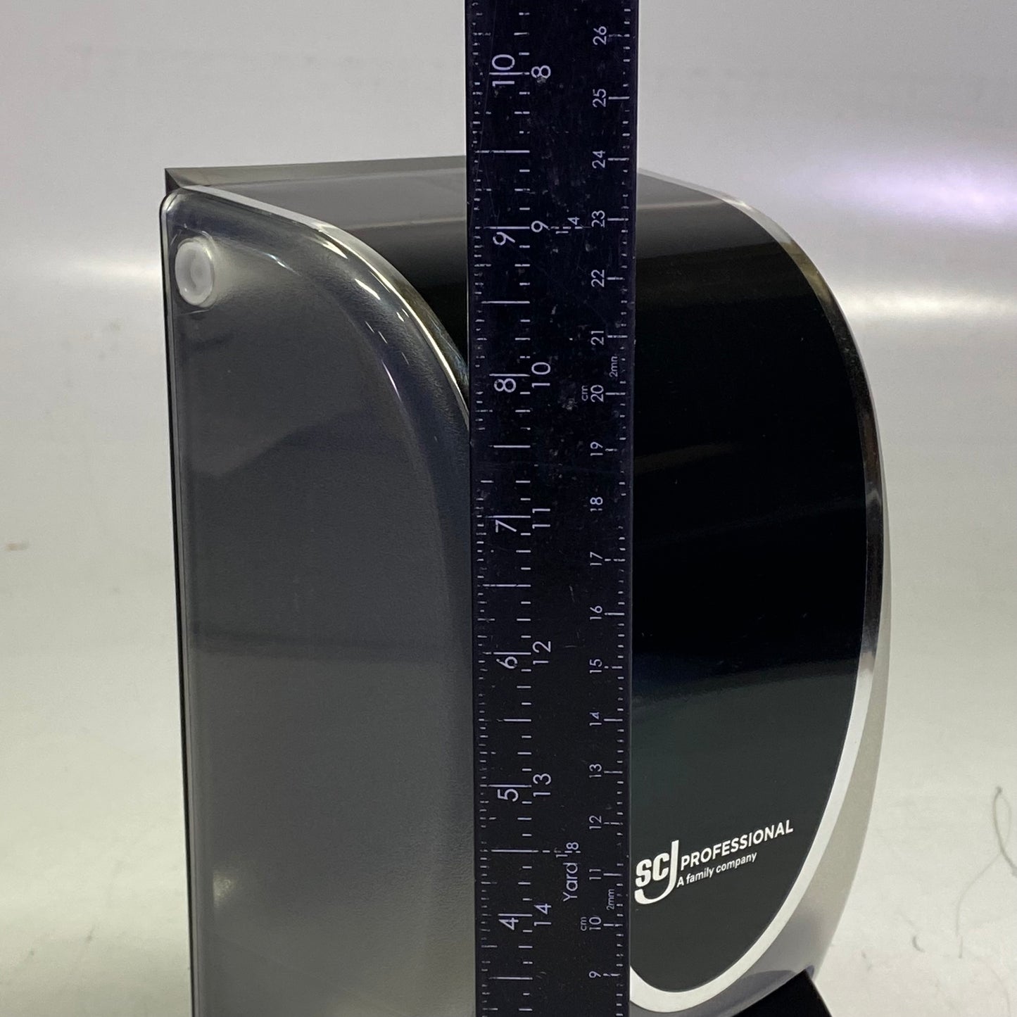 SCJ PROFESSIONAL 1 Liter Transparent Black And Chrome Soap Manual Dispenser 9"H x 5"L x 4.5"W TPB1LDSO