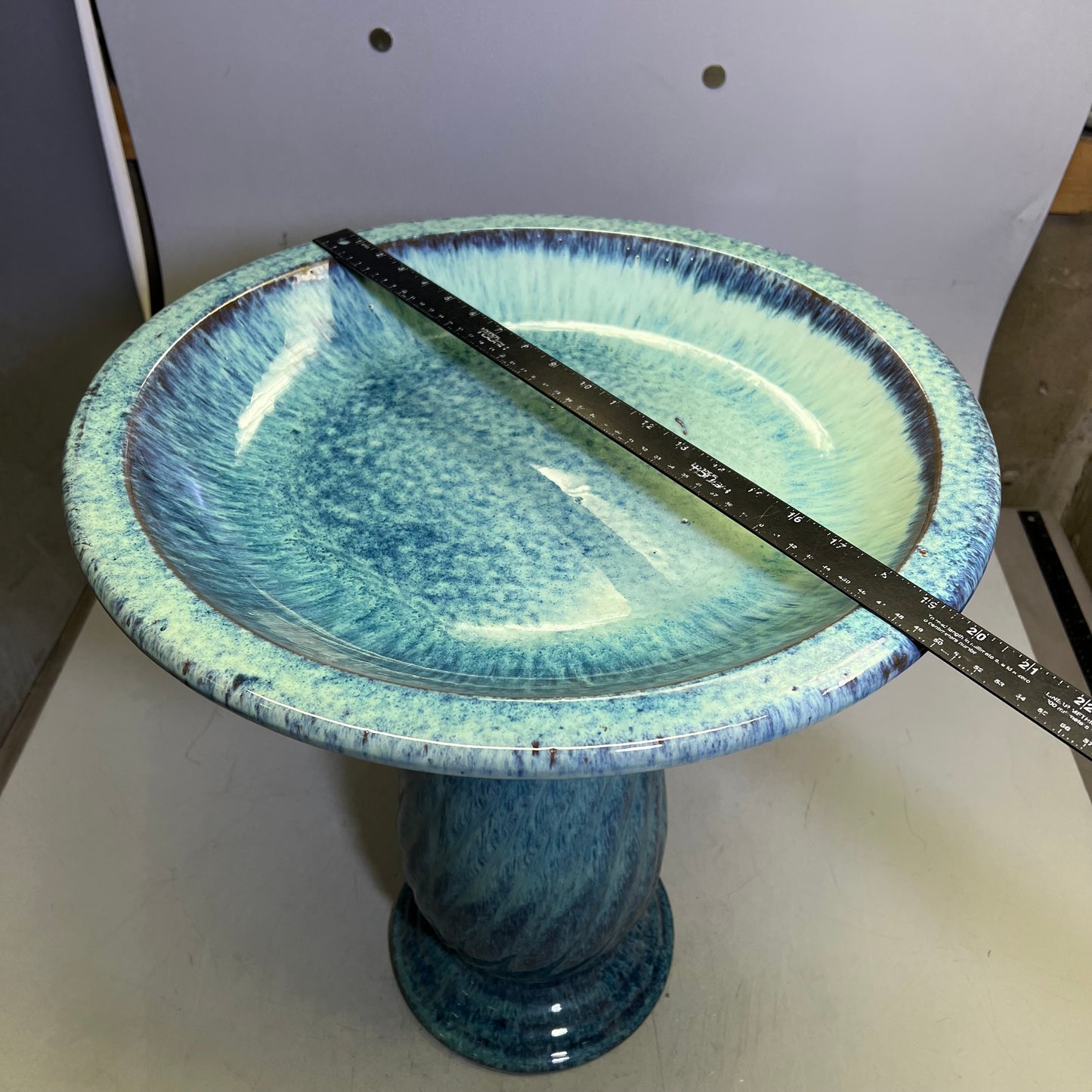 ZA@ Glazed Pottery 2 Piece Swirl Bird Bath 22" L x 20" Dia Aqua Blue/Navy A