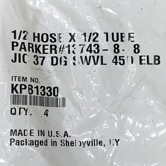 PARKER (4 PACK) Hydraulic Hose JIC 37° Swivel 450 Elbow 1/2" x 1/2" Steel KP81330