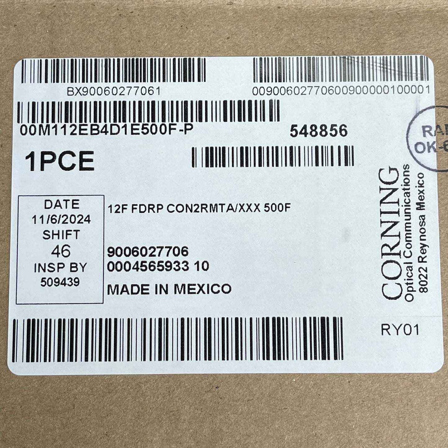 CORNING Fiber Optic Cable 12F FDRP CON2RMTA/XXX 500ft 00M112EB4D1E500F-P