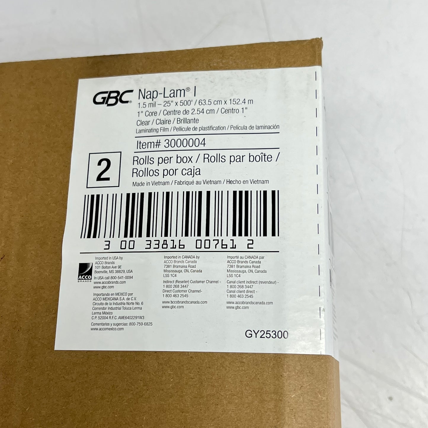 GBC (2 PACK) Laminating Film Roll 1" Core 1.5 Mil 25" X 500’ Clear 581853